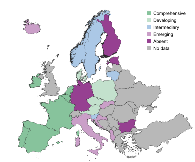 European map colour coded showing the type of policies